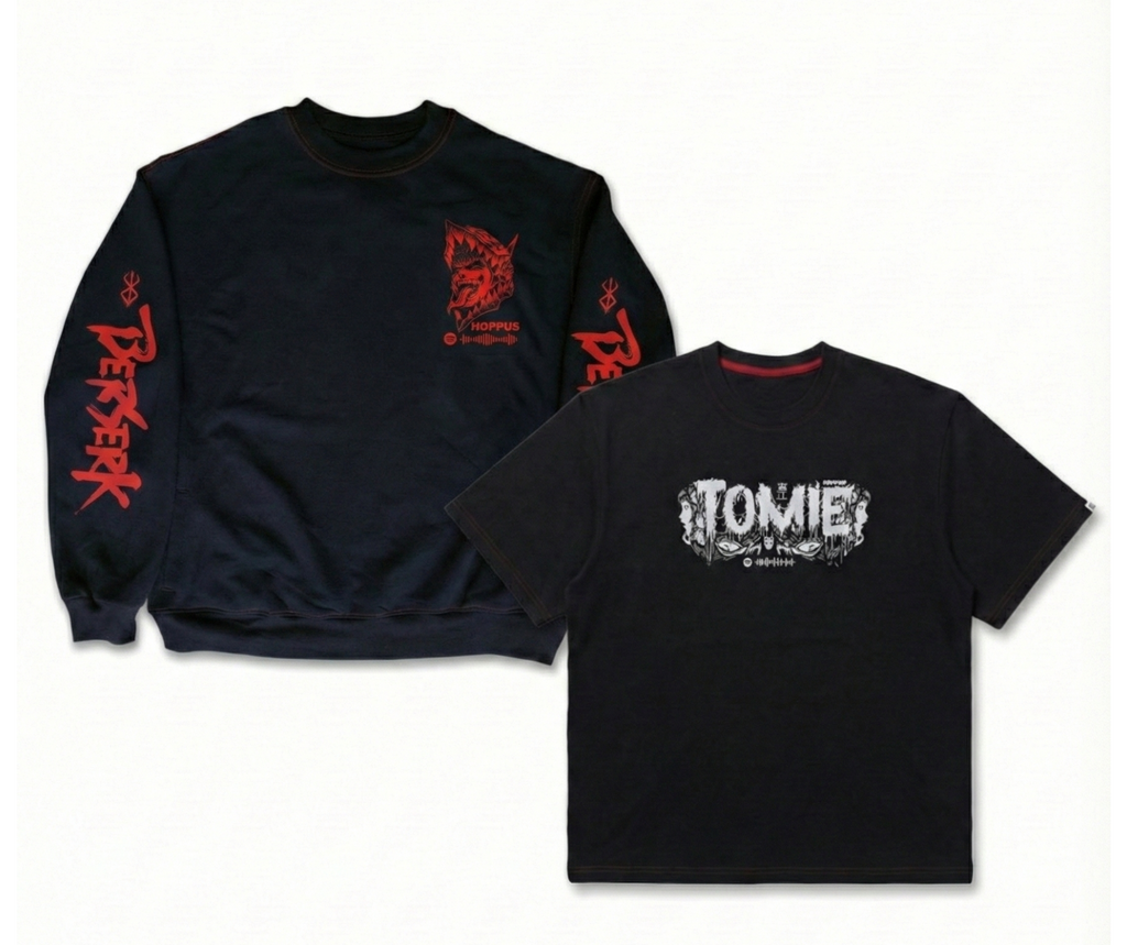 Black sweatshirt and t-shirt set with red and white text on a white background